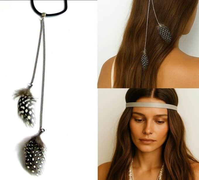 N5212c Bandeau de tete cuir femme plumes blanches et noires fait main en france - Accessoires de coiffure boheme chic en ligne Ninanina