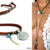 N5216 collier cuir tribal ethnique piece afghane dent requin nacre
