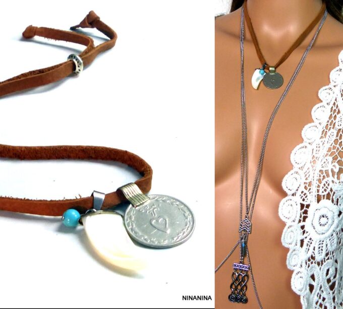 N5216 collier cuir tribal ethnique piece afghane dent requin nacre