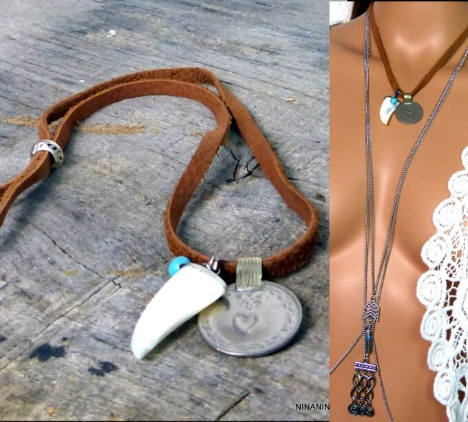 N5216d collier cuir tribal ethnique piece afghane dent requin nacre