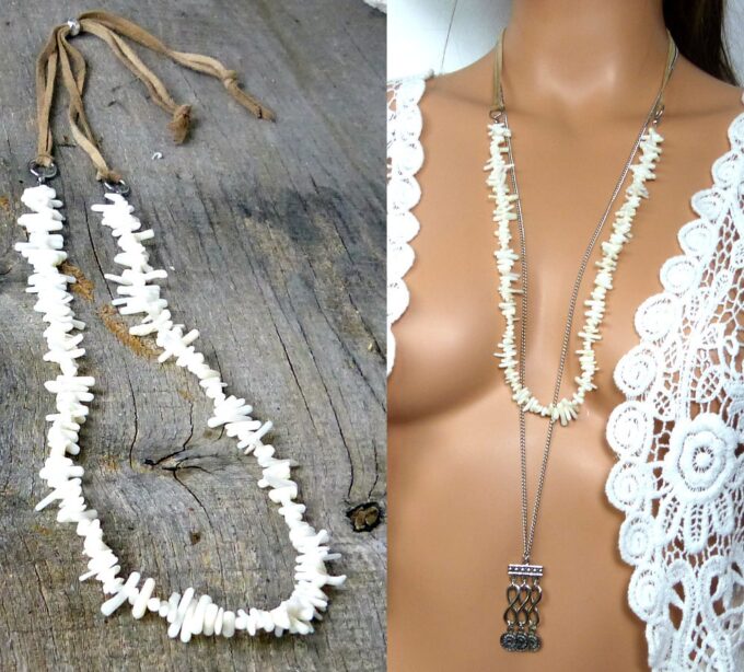 N5218 Collier tribal lanière daim et corail blanc