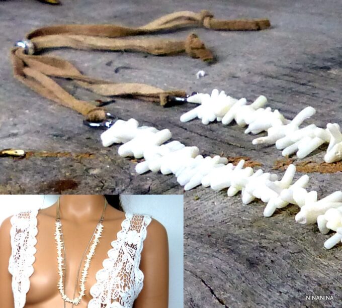 N5218a Collier tribal lanière daim et corail blanc