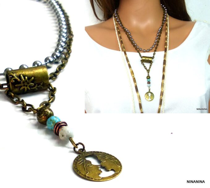 N5219 Collier tribal double turquoise aiguemarine métal bronze et argent