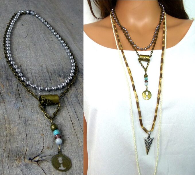 N5219b Collier tribal double turquoise aiguemarine métal bronze et argent