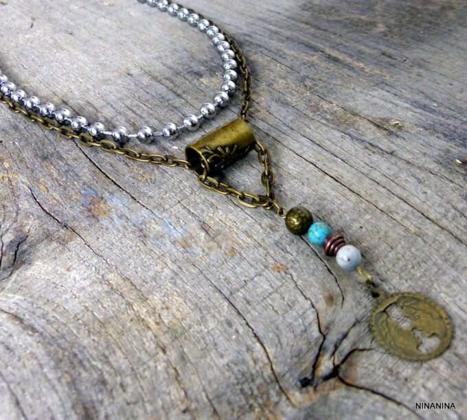 N5219c Collier tribal double turquoise aiguemarine métal bronze et argent