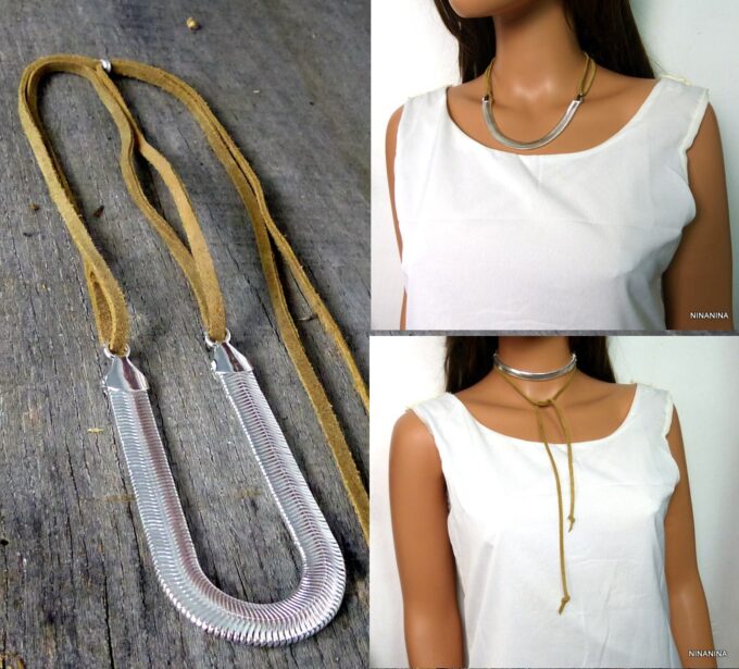 N5222 Collier daim et chaine serpent plate plaqué argent