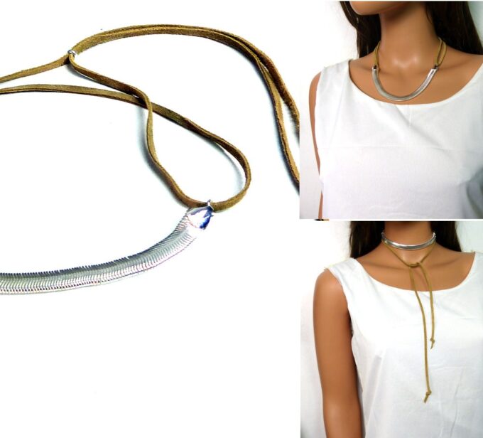 N5222C Collier daim et chaine serpent plate plaqué argent