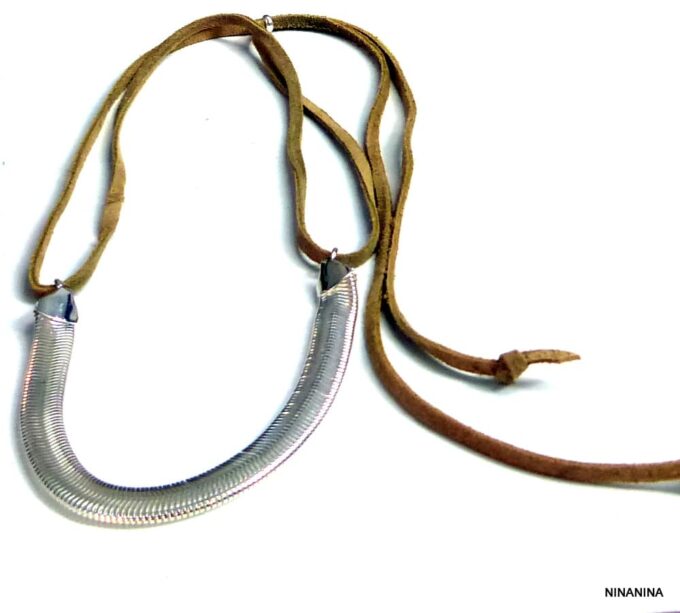 N5222D Collier daim et chaine serpent plate plaqué argent