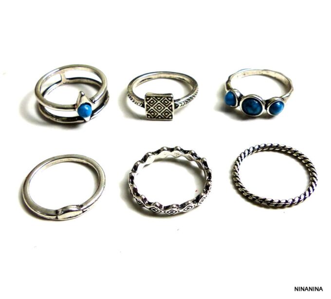 N5241bis Set de 6 bagues bohème en métal argenté et résine turquoise