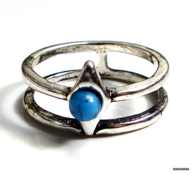 N5241bisa Set de 6 bagues bohème en métal argenté et résine turquoise