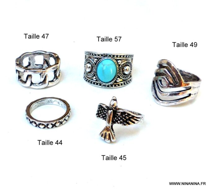 N5243 Lot de Bague de phalange bohème argent et turquoise - Bijoux Bagues en ligne Ninanina