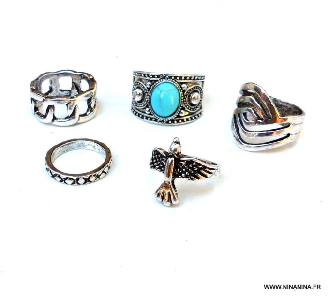 N5243a Lot de Bague de phalange bohème argent et turquoise - Bijoux Bagues en ligne Ninanina