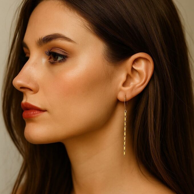 N5260a Boucles d’oreilles pendantes artisanales pour femme en plaqué or – Chaînette dorée élégante - Bijoux artisanaux en ligne Ninanina