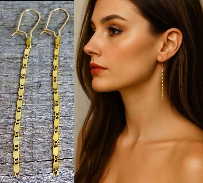 N5260b Boucles d’oreilles pendantes artisanales pour femme en plaqué or – Chaînette dorée élégante - Bijoux artisanaux en ligne Ninanina