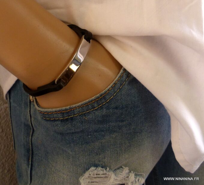 N5261 Bracelet homme gourmette acier cuir personnalisé NINANINA