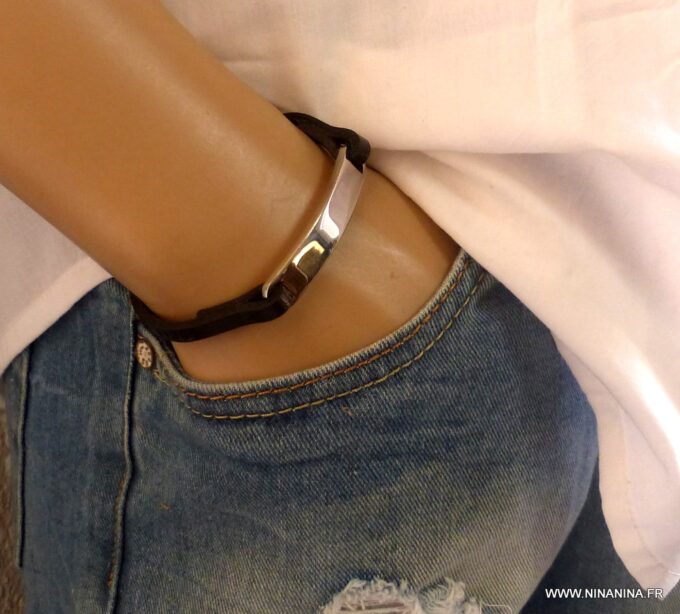 N5261a Bracelet homme gourmette acier cuir personnalisé NINANINA