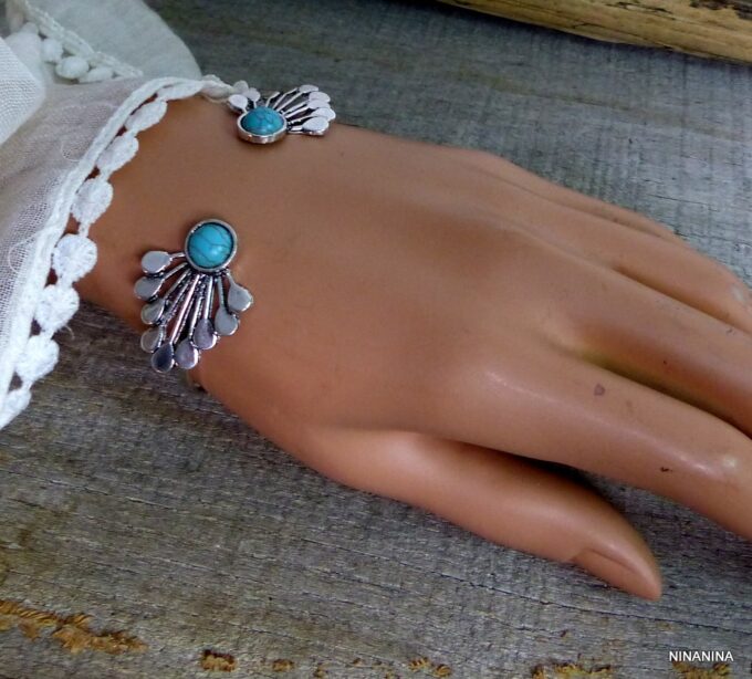 N5269f bracelet bohème métal argent magnesite tuquoise