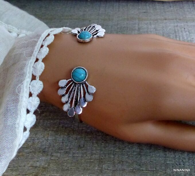 N5269h bracelet bohème métal argent magnesite tuquoise