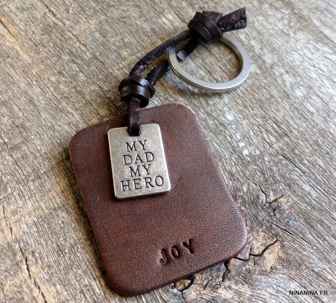 N5271 porte cle homme femme cuir My dad my hero personnalisé prénom acier inioxydable NINANINA