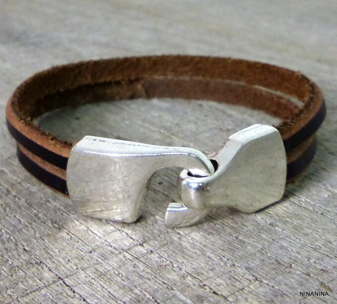 N5281 Bracelet homme lacet cuir efrmoir crochet métal argenté