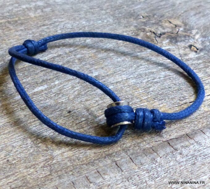 N5284 Bracelet homme cordon bleu tube acier argenté - Bijoux Bracelets en ligne NINANINA