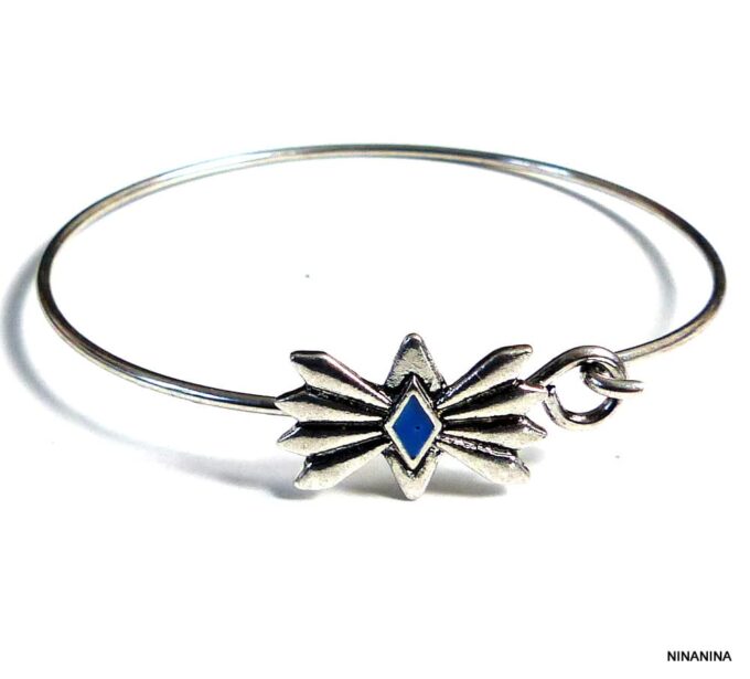 N5286 Bracelet jonc bohème métal argenté et magnésite turquoise