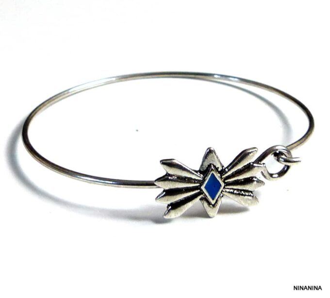 N5286a Bracelet jonc bohème métal argenté et magnésite turquoise