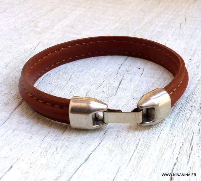 N5288 Bracelet homme cuir demi-rond marron et métal argenté - Bijoux Bracelets en ligne Ninanina