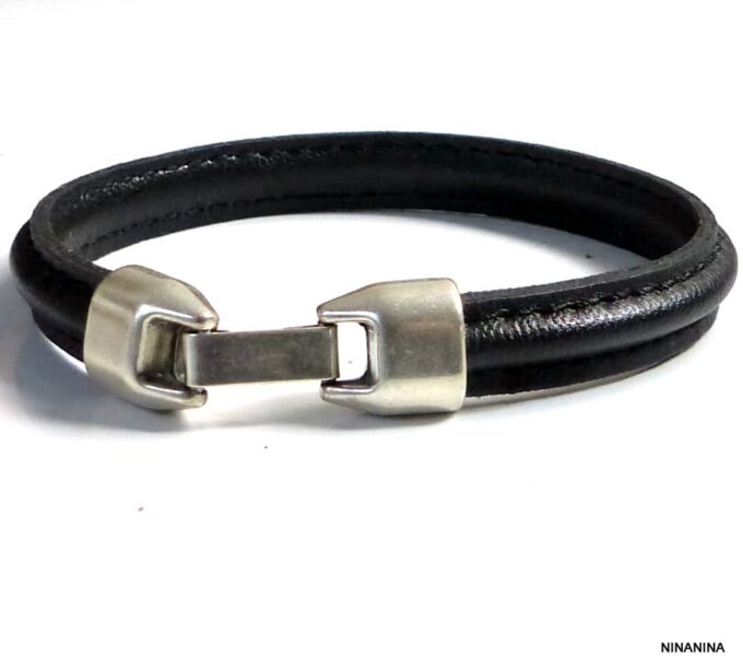 N5288 Bracelet homme cuir demi-rond noir surpiqué fermoir métal argent