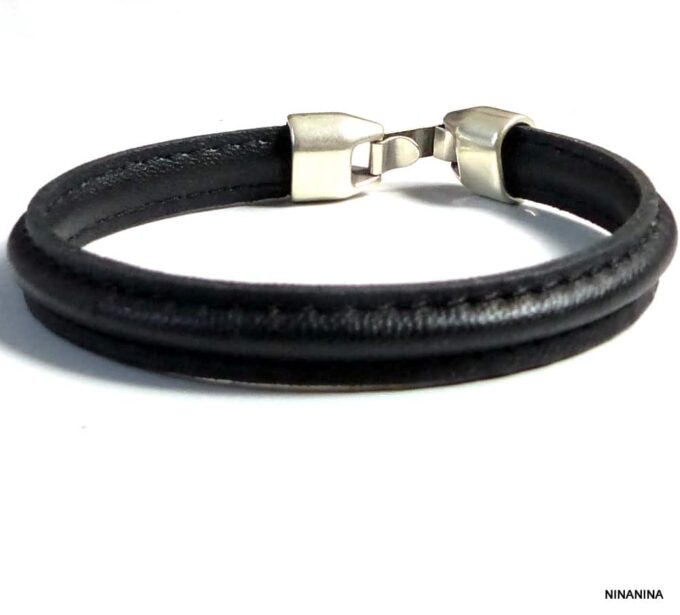 N5288a Bracelet homme cuir demi-rond noir surpiqué fermoir métal argent