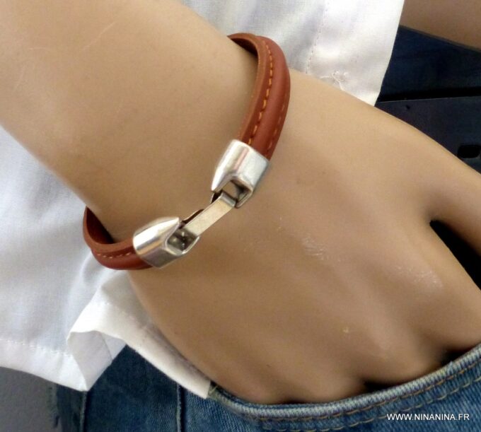 N5288c Bracelet homme cuir demi-rond marron et métal argenté - Bijoux Bracelets en ligne Ninanina