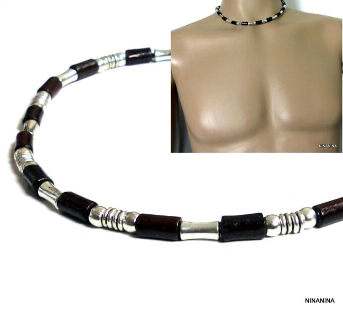 N5291 collier homme cuir perles de bois et métal argent