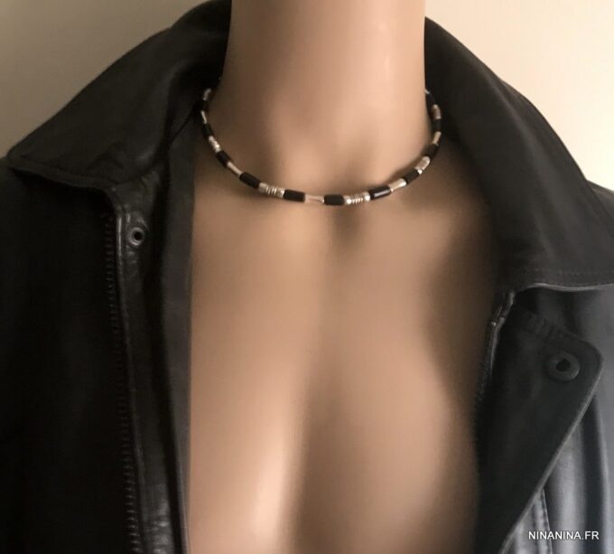 N5291 Collier perle de bois homme noir et métal argenté - Bijoux Colliers en ligne Ninanina