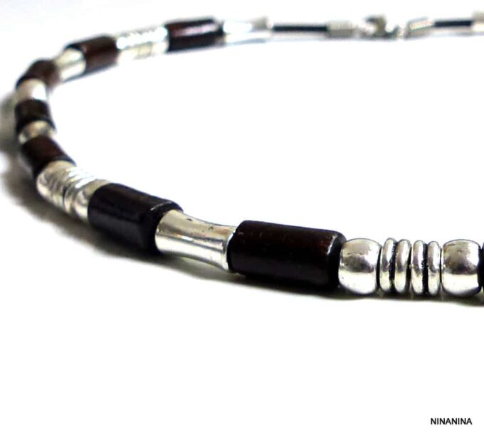 N5291a collier homme cuir perles de bois et métal argent