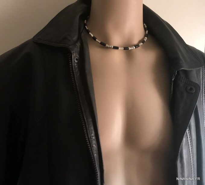 N5291a Collier perle de bois homme noir et métal argenté - Bijoux Colliers en ligne Ninanina