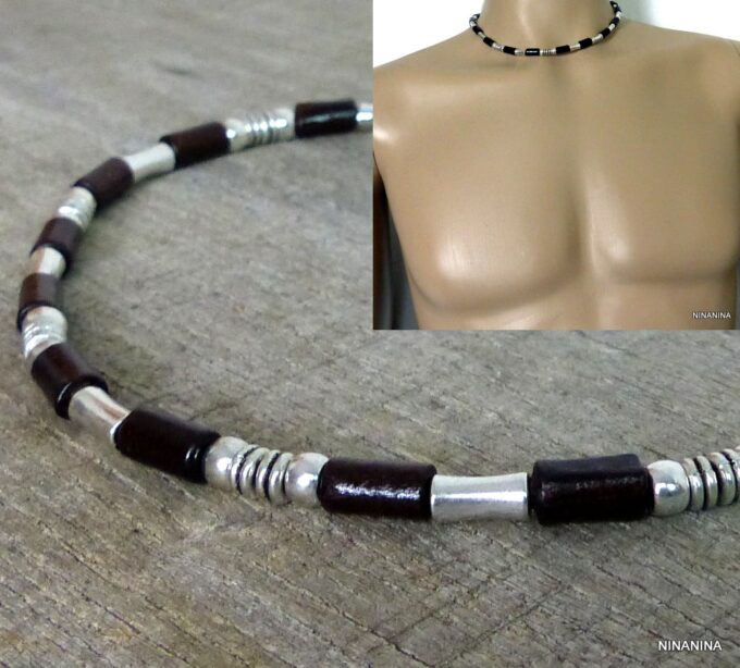 N5291b collier homme cuir perles de bois et métal argent
