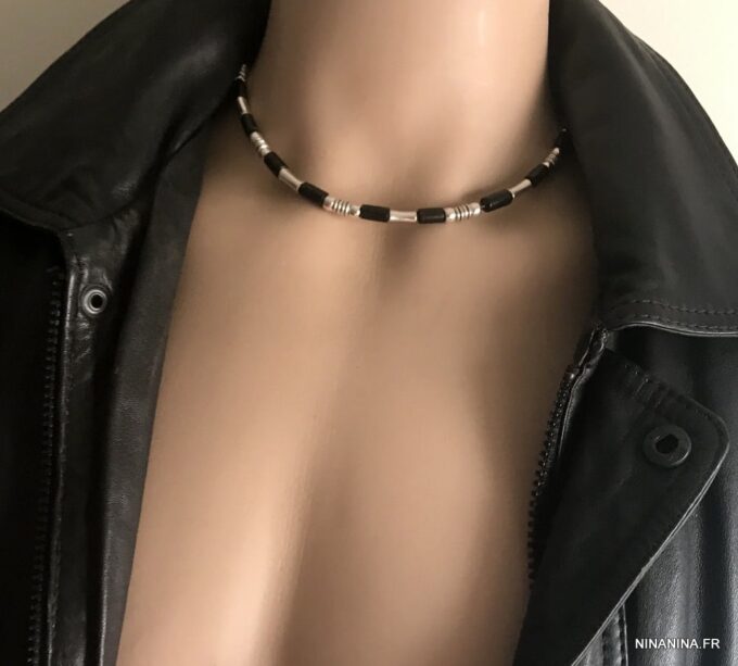 N5291b Collier perle de bois homme noir et métal argenté - Bijoux Colliers en ligne Ninanina