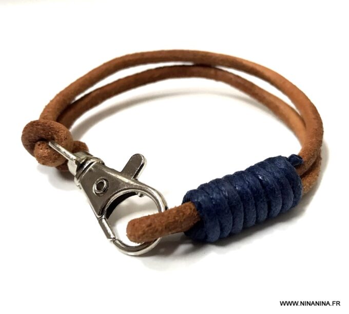 N5293b Bracelet homme mousqueton cordon cuir marron double - Bijoux Bracelets en ligne Ninanina