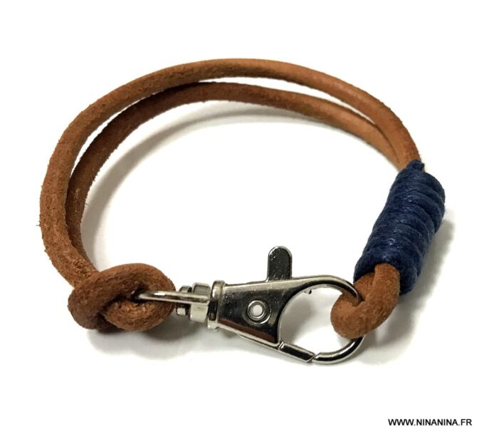 N5293f Bracelet homme mousqueton cordon cuir marron double - Bijoux Bracelets en ligne Ninanina
