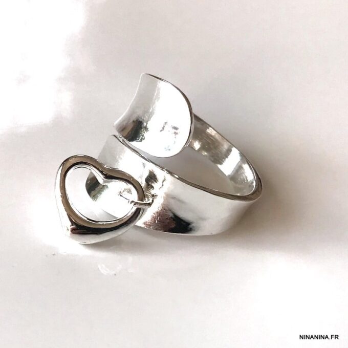 N5298h Bague avec pendentif coeur plaqué argent réglable - Bijoux Bagues en ligne Ninanina