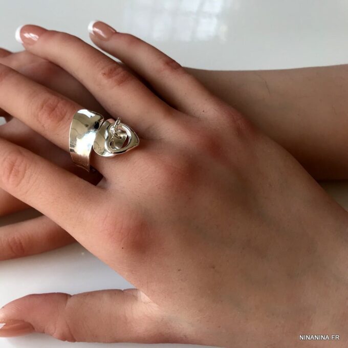 N5298k Bague avec pendentif coeur plaqué argent réglable - Bijoux Bagues en ligne Ninanina