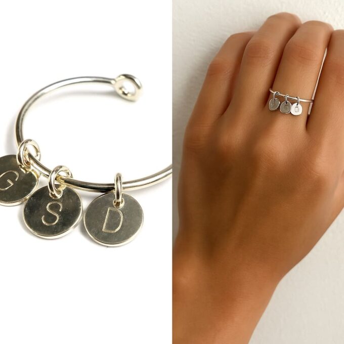 N5306a Bague jonc fine pour femme en argent 925 massif avec breloque ronde lettre personnalisée - Bijoux Bagues femmes en ligne Ninanina