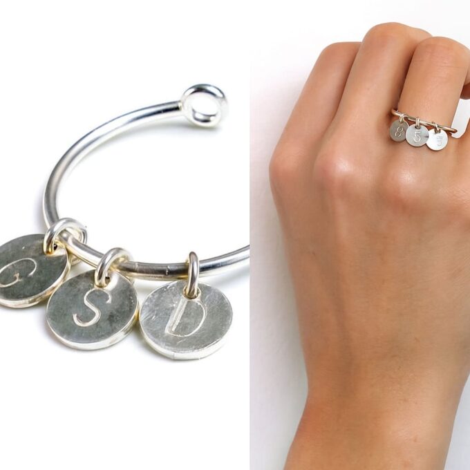 N5306c Bague jonc fine pour femme en argent 925 massif avec breloque ronde lettre personnalisée - Bijoux Bagues femmes en ligne Ninanina