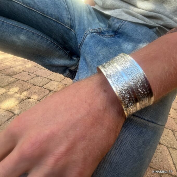 N5315 Manchette ethnique large homme femme argenté - Bijoux Bracelets en ligne Ninanina