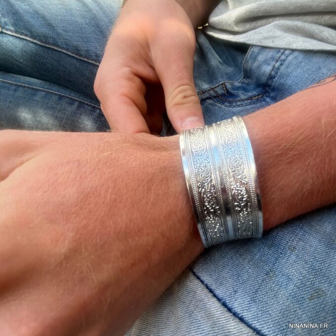 N5315b Manchette ethnique large homme femme argenté - Bijoux Bracelets en ligne Ninanina