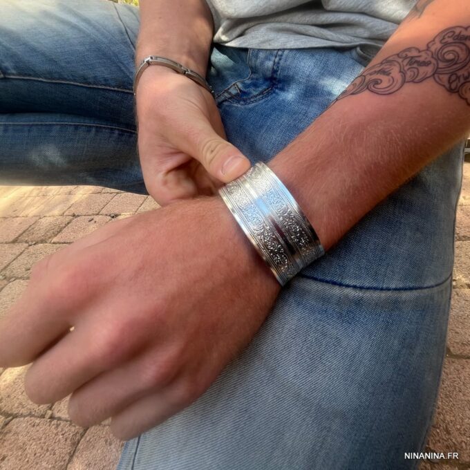 N5315e Manchette ethnique large homme femme argenté - Bijoux Bracelets en ligne Ninanina