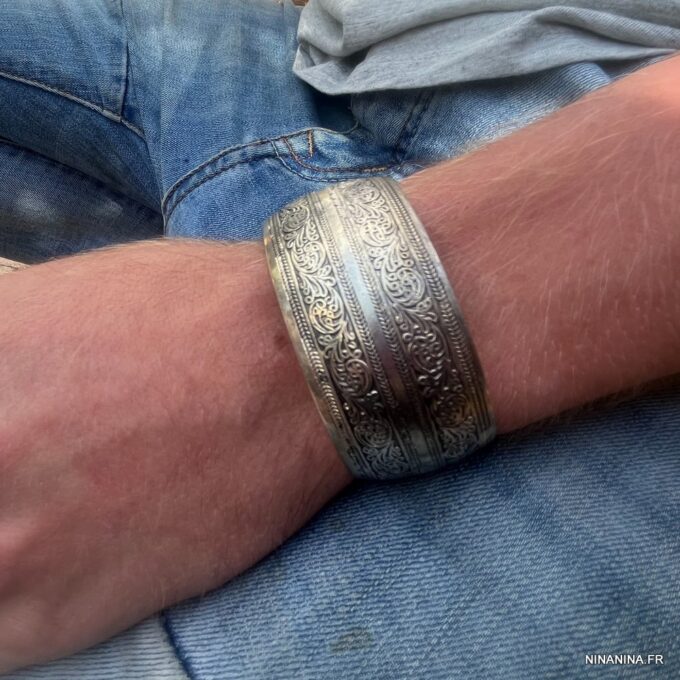 N5315f Manchette ethnique large homme femme argenté - Bijoux Bracelets en ligne Ninanina
