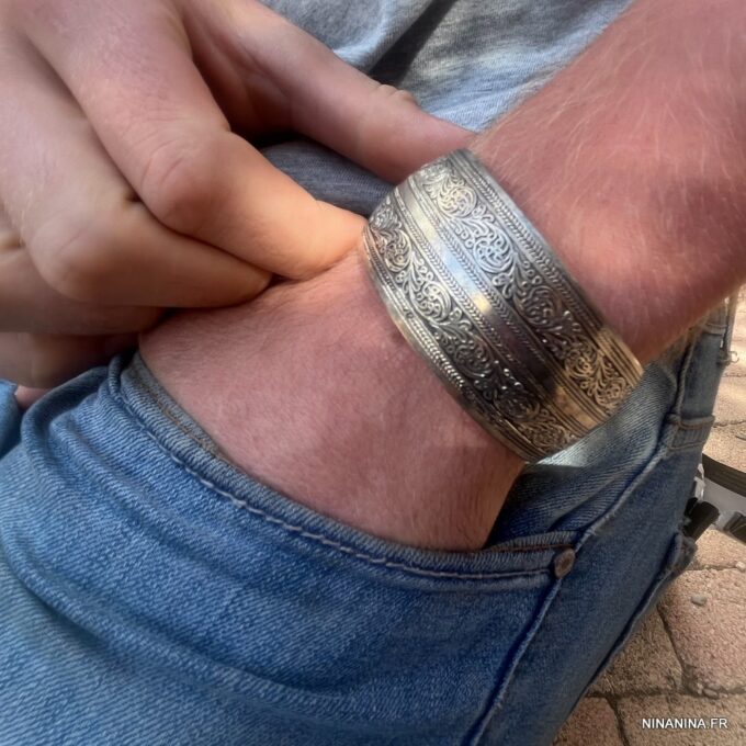 N5315h Manchette ethnique large homme femme argenté - Bijoux Bracelets en ligne Ninanina