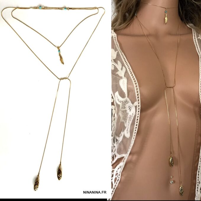 N5319 Sautoir acier inoxydable doré plume et turquoise - Bijoux Colliers en ligne Ninanina