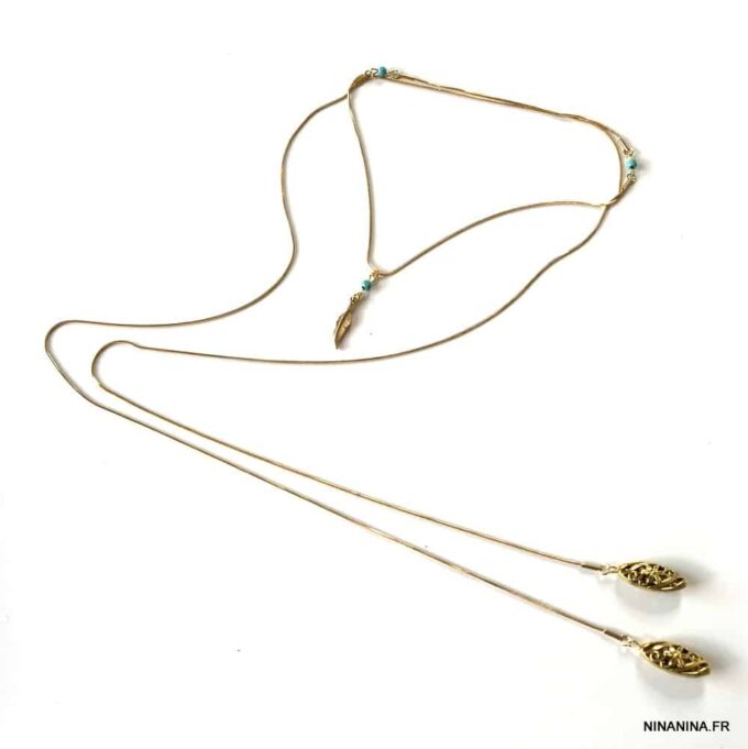 N5319b Sautoir acier inoxydable doré plume et turquoise - Bijoux Colliers en ligne Ninanina